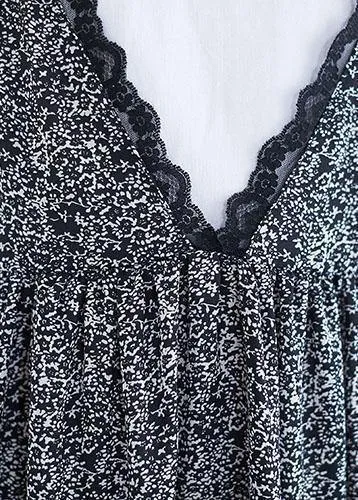 100% black floral v neck chiffon quilting dresses lace ruffles Maxi summer Dress