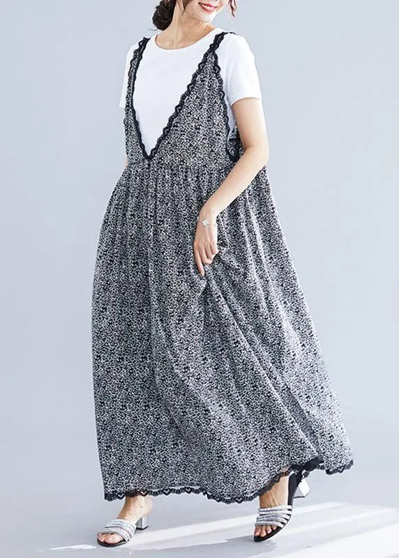 100% black floral v neck chiffon quilting dresses lace ruffles Maxi summer Dress