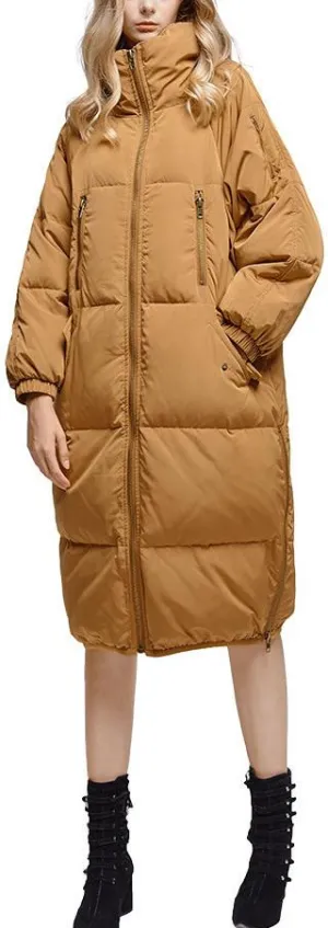 Boxy Feather-Down-Fill Coat, Caramel