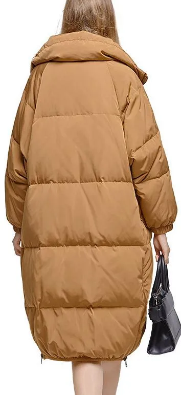 Boxy Feather-Down-Fill Coat, Caramel