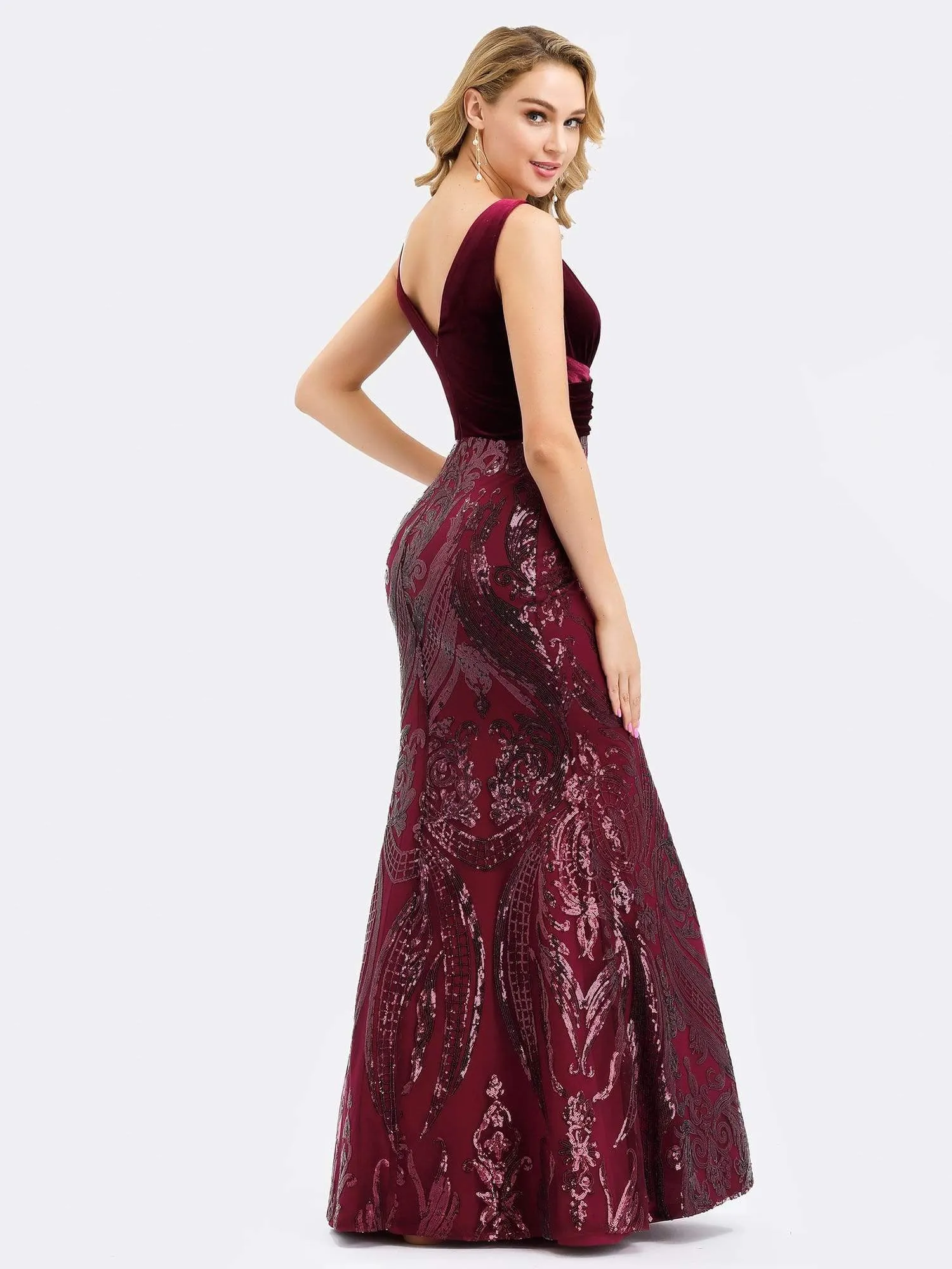 Double V-Neck Velvet and Sequin Print Mermaid Prom Dresses