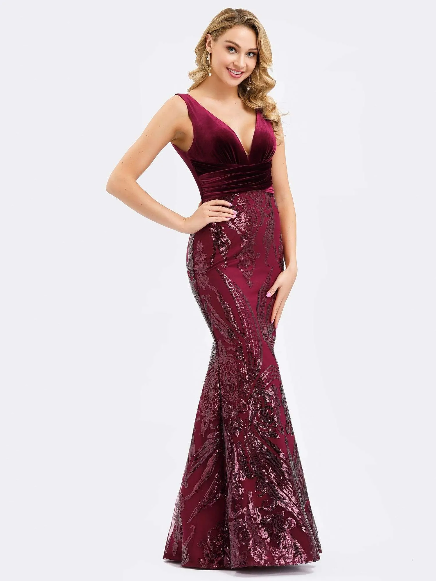 Double V-Neck Velvet and Sequin Print Mermaid Prom Dresses