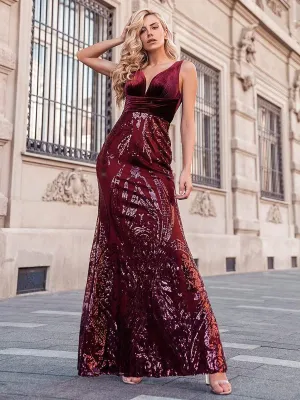 Double V-Neck Velvet and Sequin Print Mermaid Prom Dresses