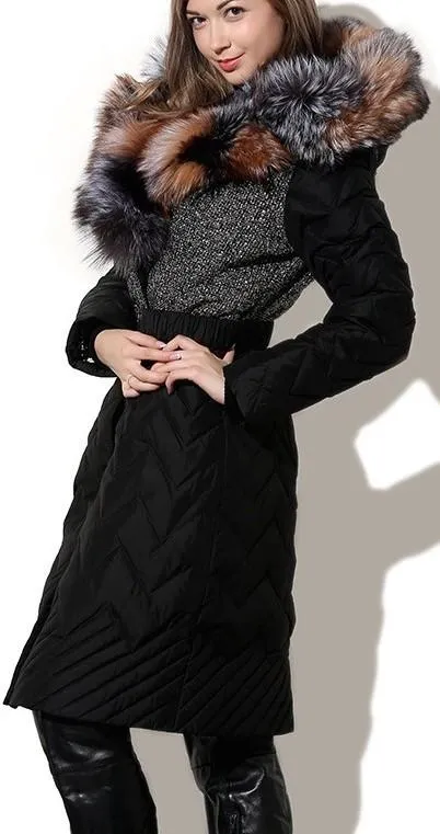 Full Fox-Fur-Collar Quilted Coat