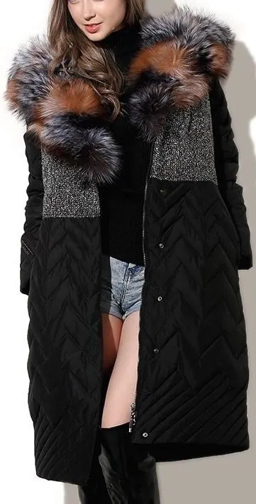 Full Fox-Fur-Collar Quilted Coat