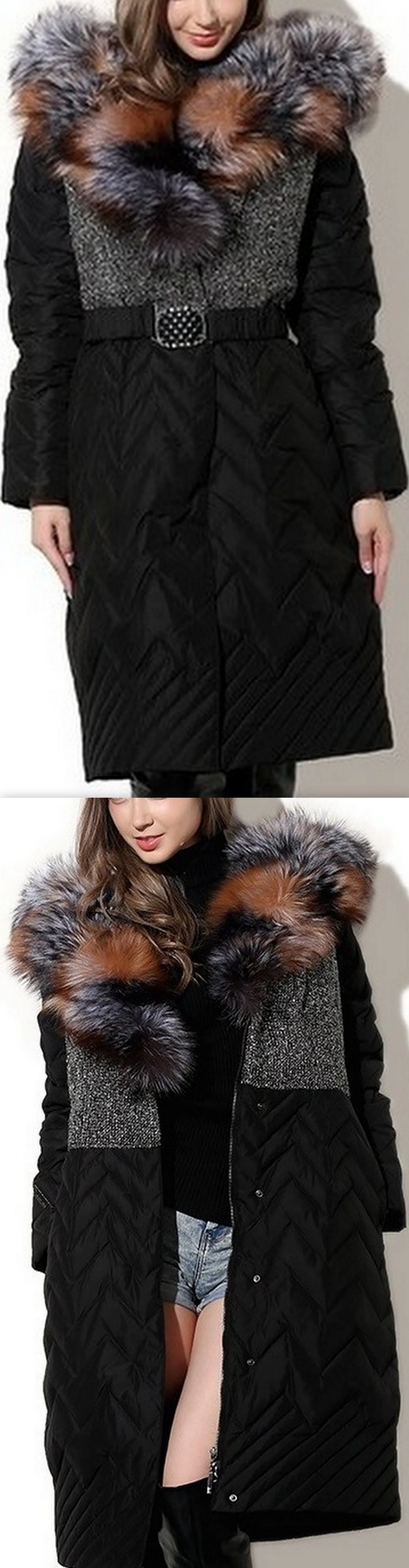 Full Fox-Fur-Collar Quilted Coat