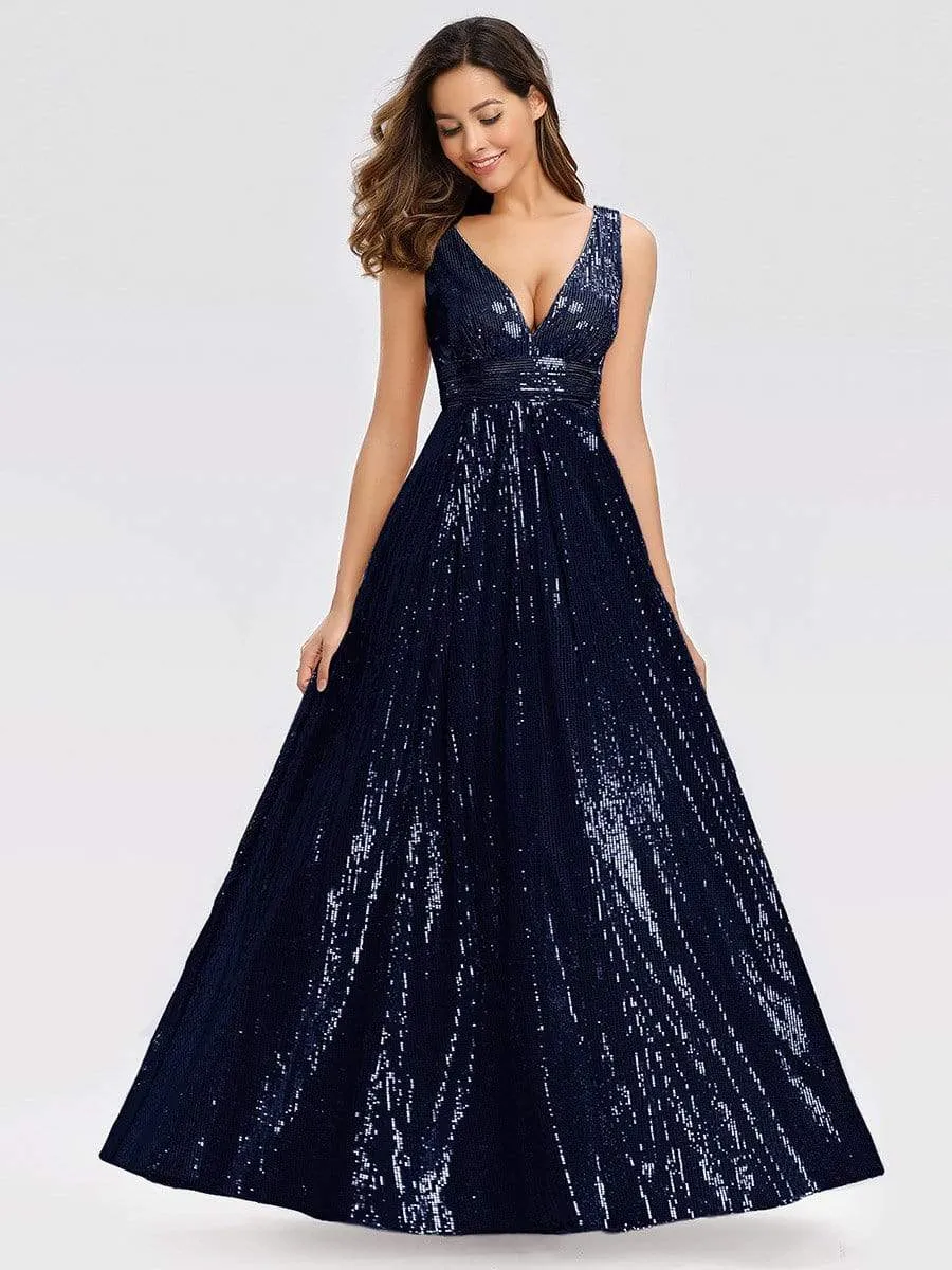 Gorgeous Double V Neck Maxi Long Sleeveless Sequin Prom Dress