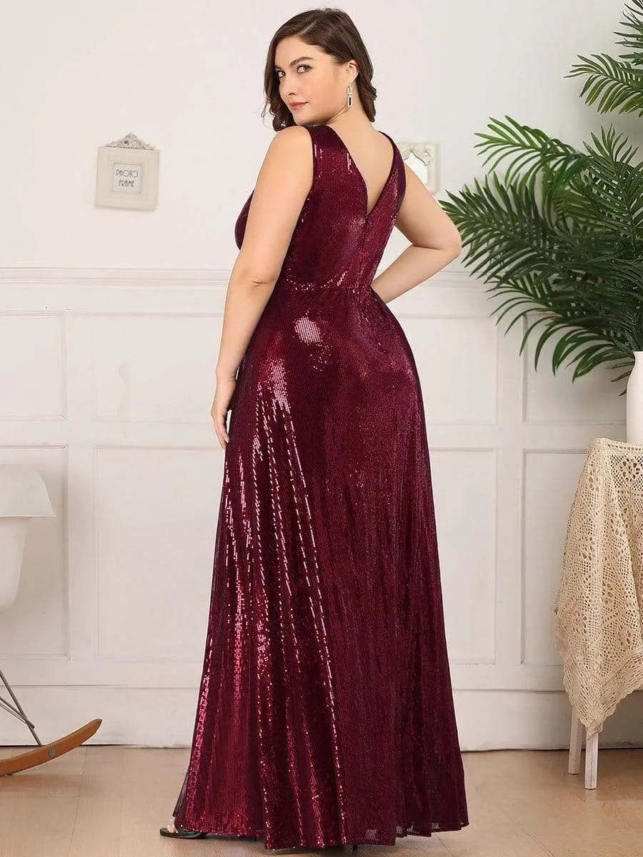 Gorgeous Double V Neck Maxi Long Sleeveless Sequin Prom Dress