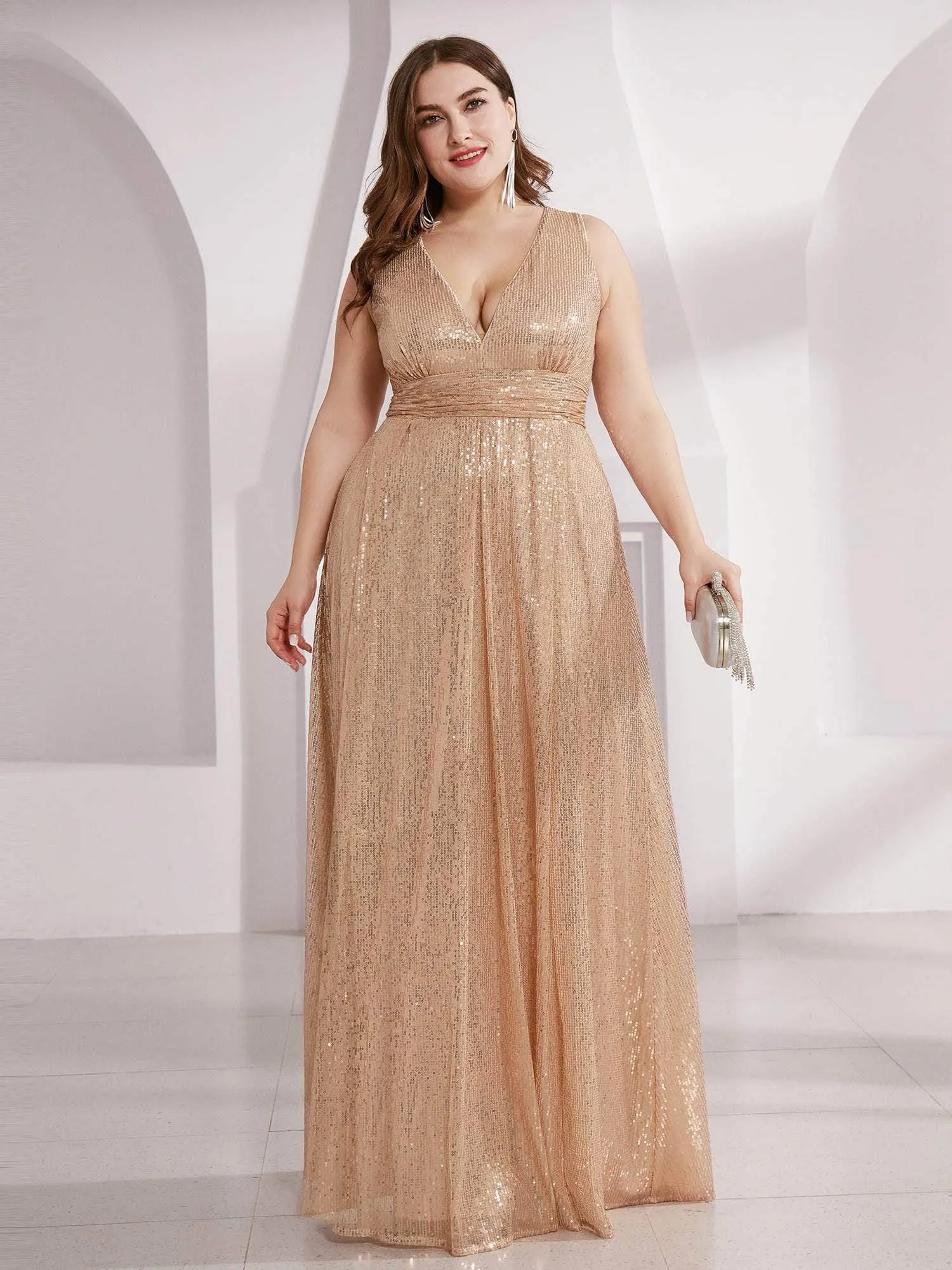 Gorgeous Double V Neck Maxi Long Sleeveless Sequin Prom Dress