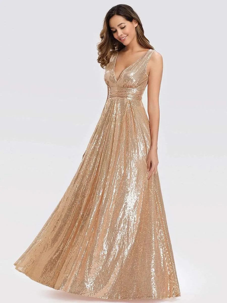 Gorgeous Double V Neck Maxi Long Sleeveless Sequin Prom Dress