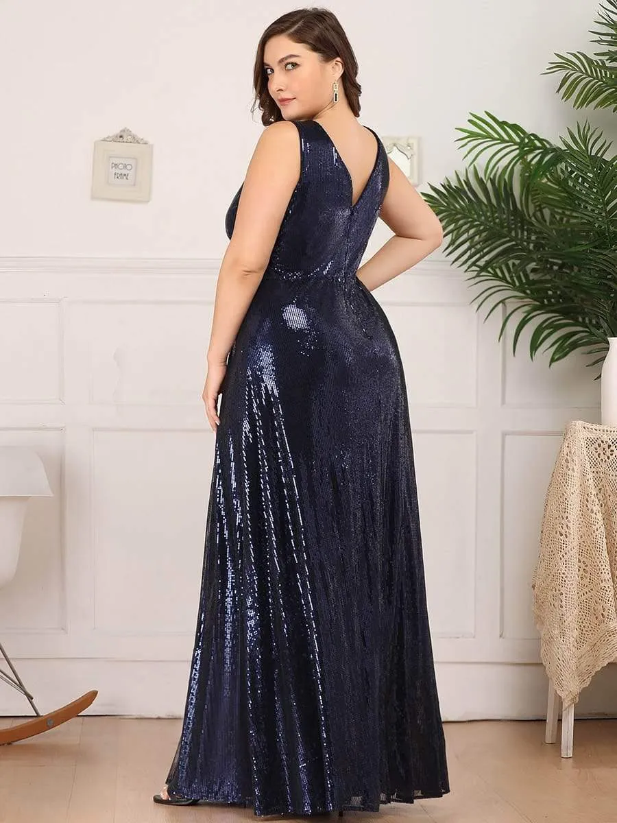 Gorgeous Double V Neck Maxi Long Sleeveless Sequin Prom Dress