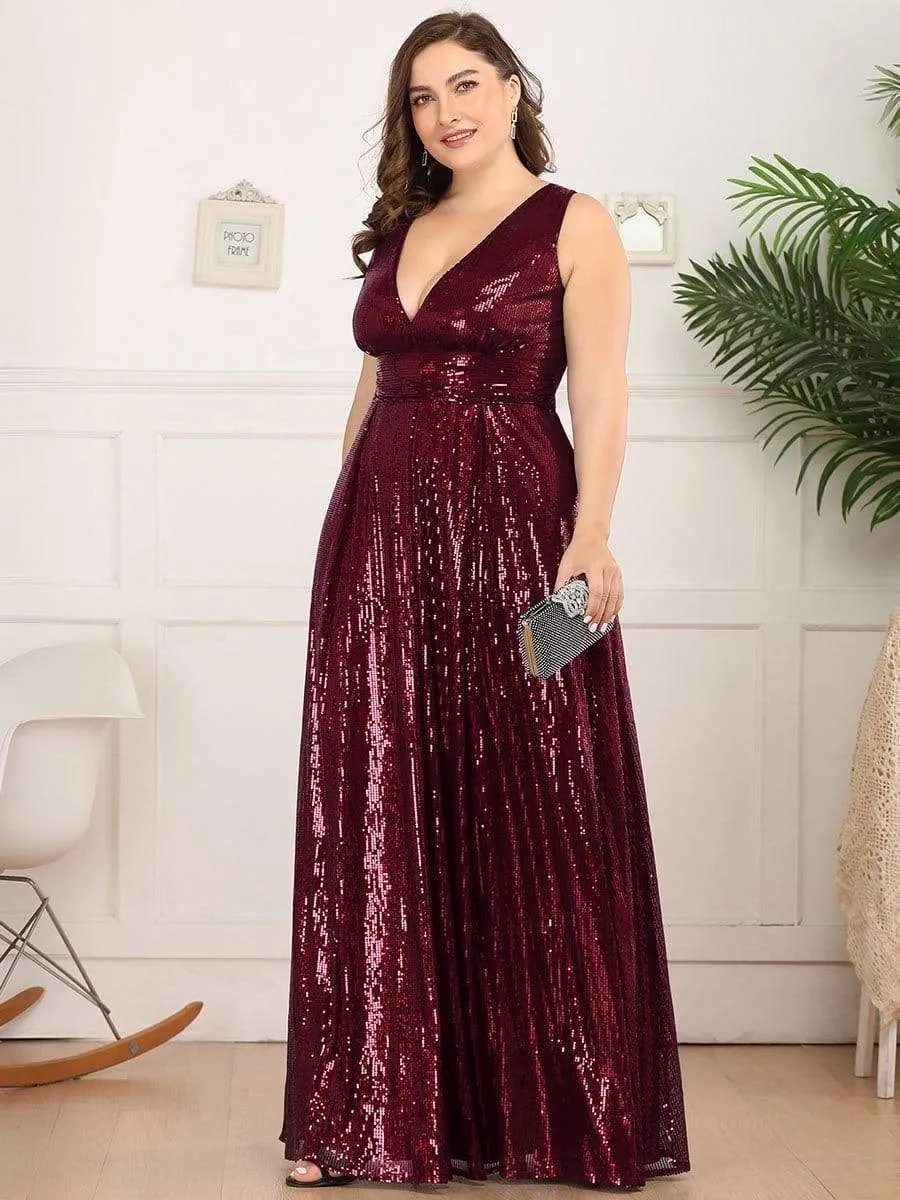 Gorgeous Double V Neck Maxi Long Sleeveless Sequin Prom Dress