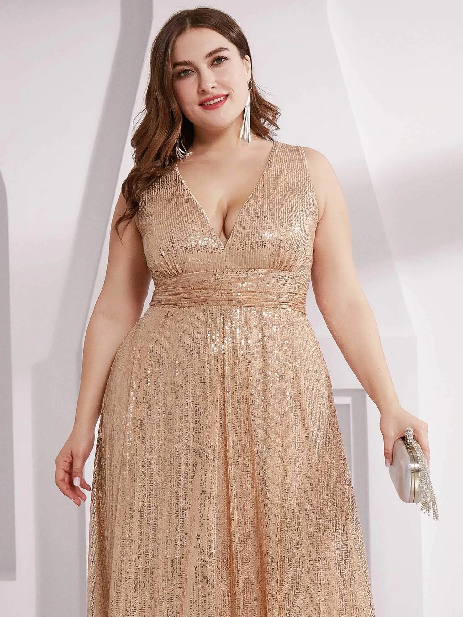 Gorgeous Double V Neck Maxi Long Sleeveless Sequin Prom Dress