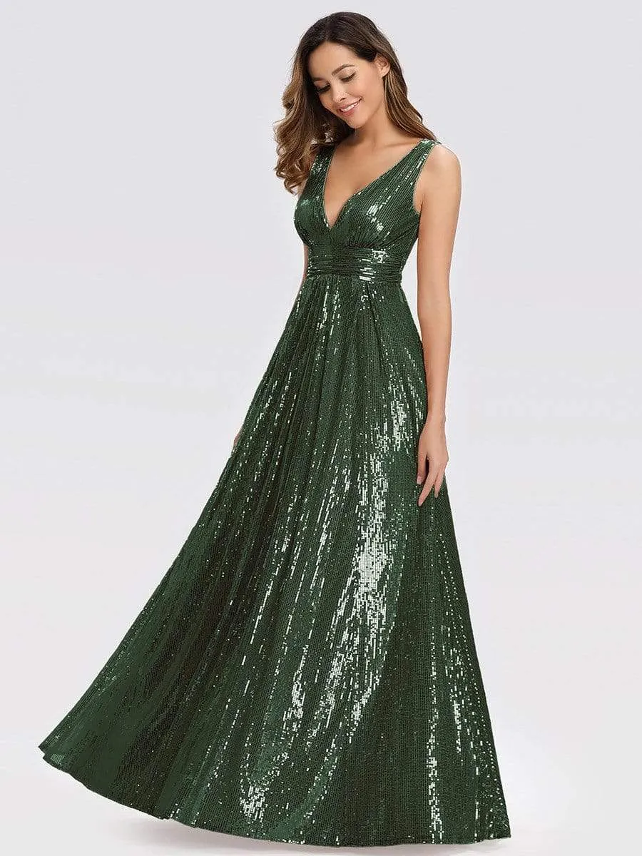 Gorgeous Double V Neck Maxi Long Sleeveless Sequin Prom Dress
