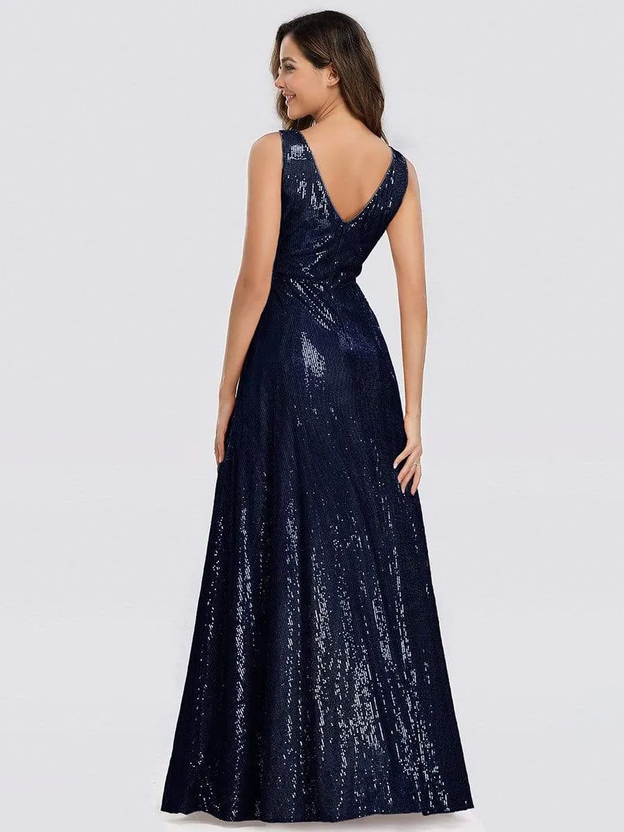 Gorgeous Double V Neck Maxi Long Sleeveless Sequin Prom Dress