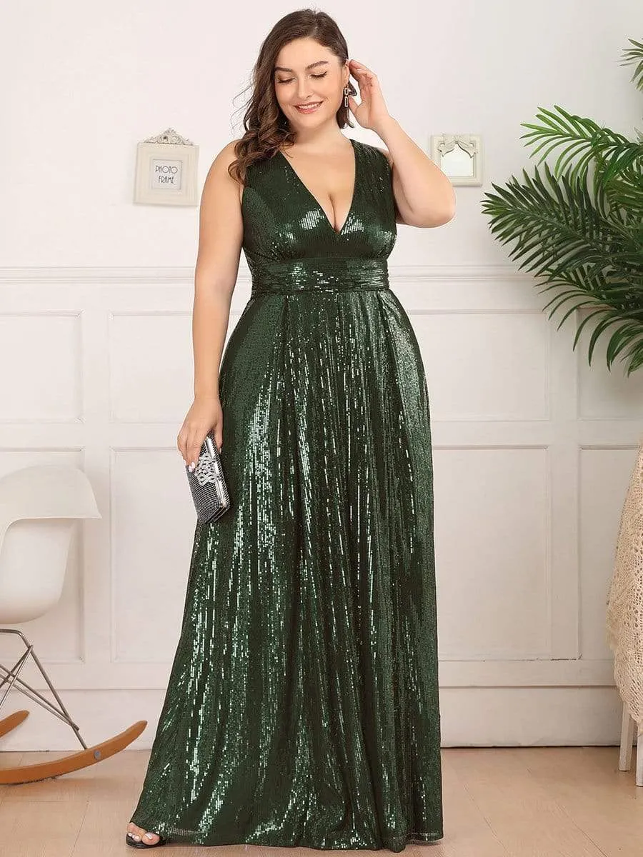 Gorgeous Double V Neck Maxi Long Sleeveless Sequin Prom Dress