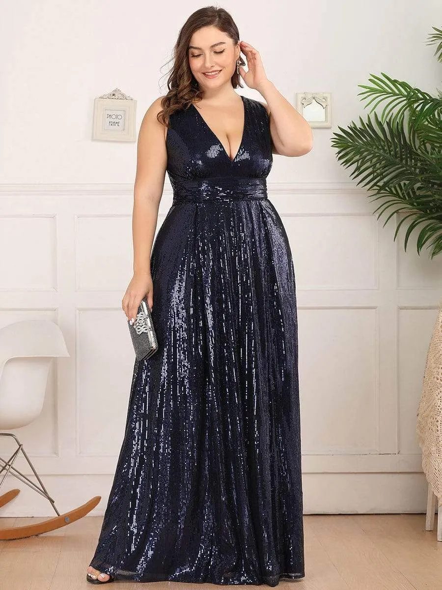 Gorgeous Double V Neck Maxi Long Sleeveless Sequin Prom Dress