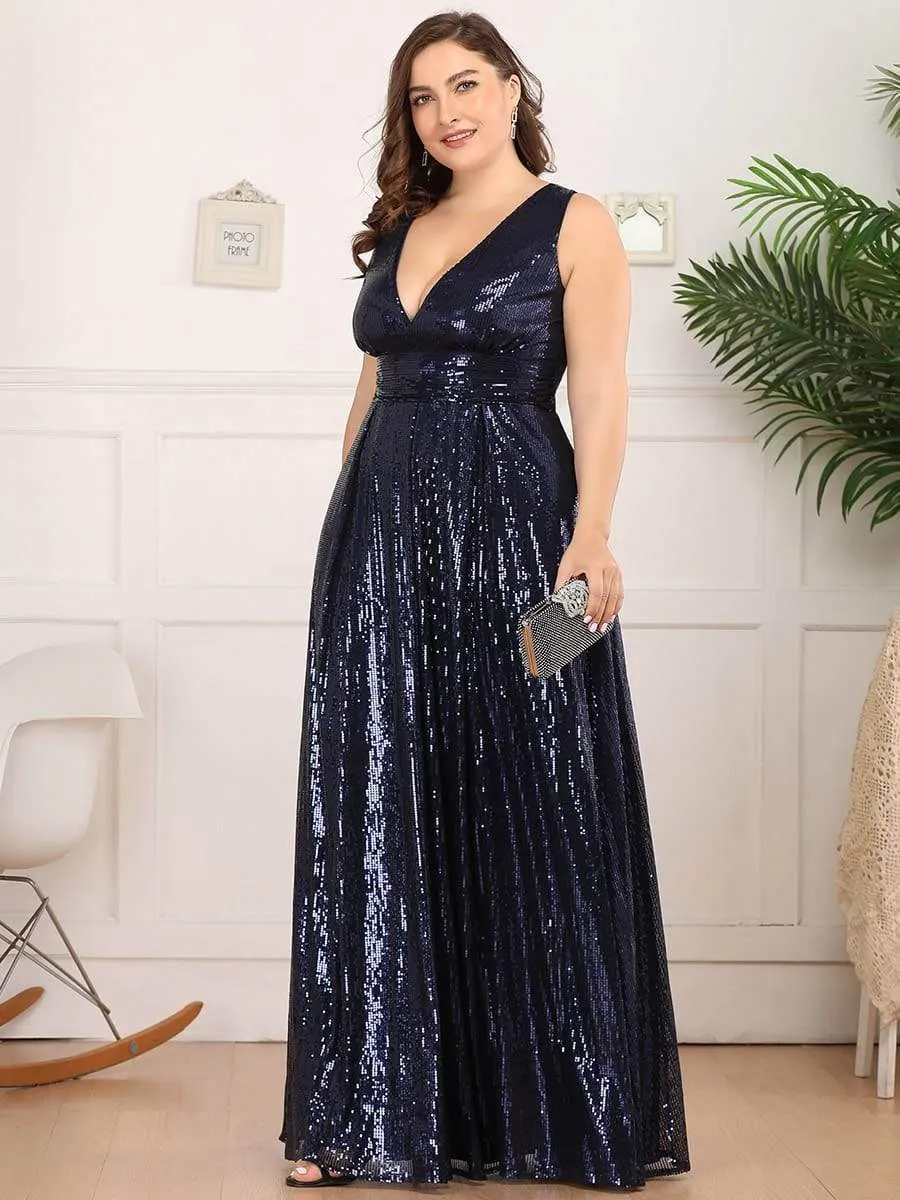 Gorgeous Double V Neck Maxi Long Sleeveless Sequin Prom Dress