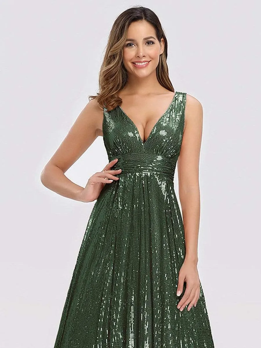 Gorgeous Double V Neck Maxi Long Sleeveless Sequin Prom Dress
