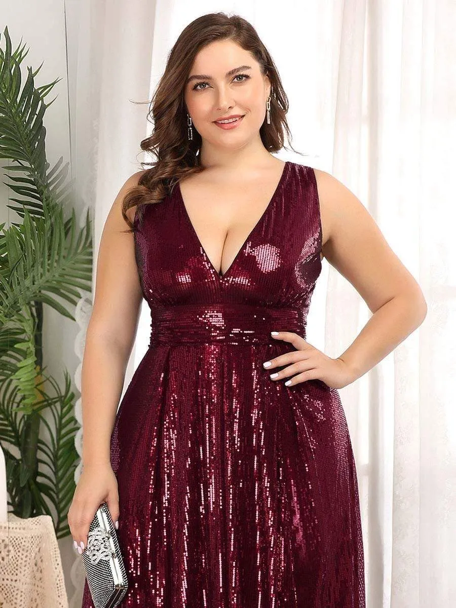 Gorgeous Double V Neck Maxi Long Sleeveless Sequin Prom Dress