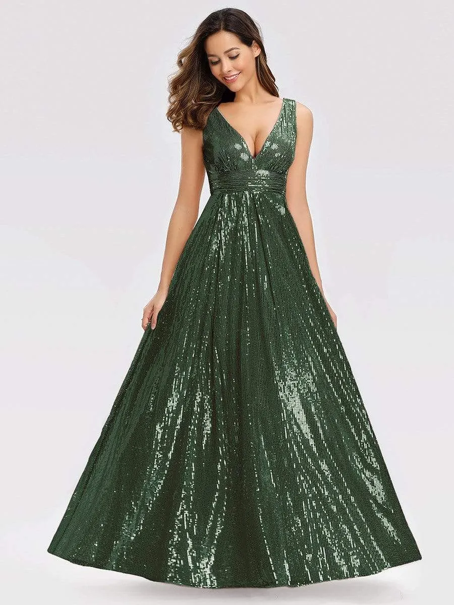 Gorgeous Double V Neck Maxi Long Sleeveless Sequin Prom Dress