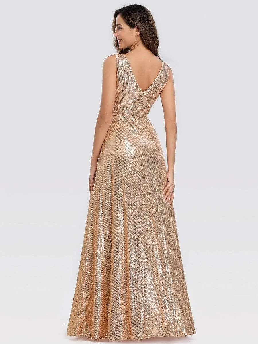Gorgeous Double V Neck Maxi Long Sleeveless Sequin Prom Dress