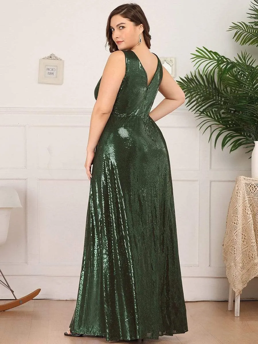 Gorgeous Double V Neck Maxi Long Sleeveless Sequin Prom Dress