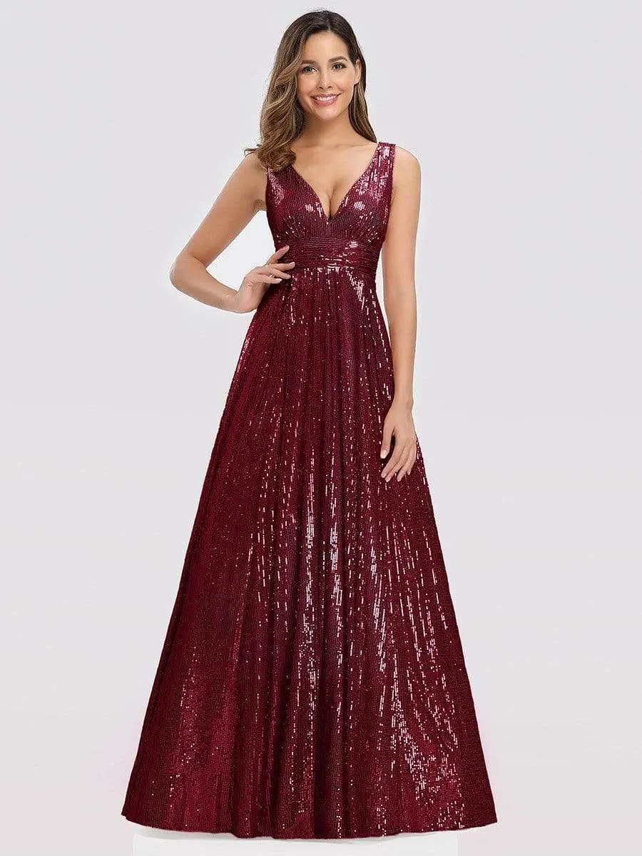Gorgeous Double V Neck Maxi Long Sleeveless Sequin Prom Dress