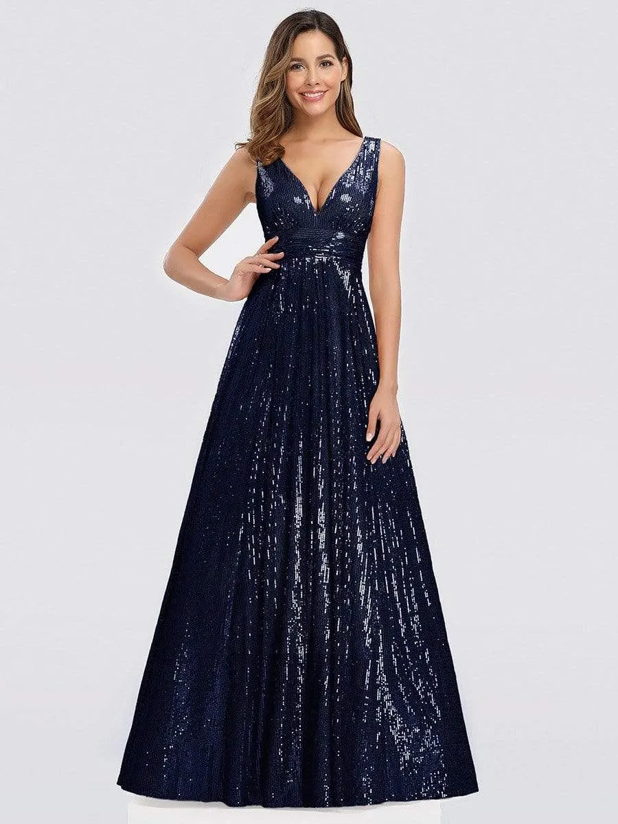 Gorgeous Double V Neck Maxi Long Sleeveless Sequin Prom Dress