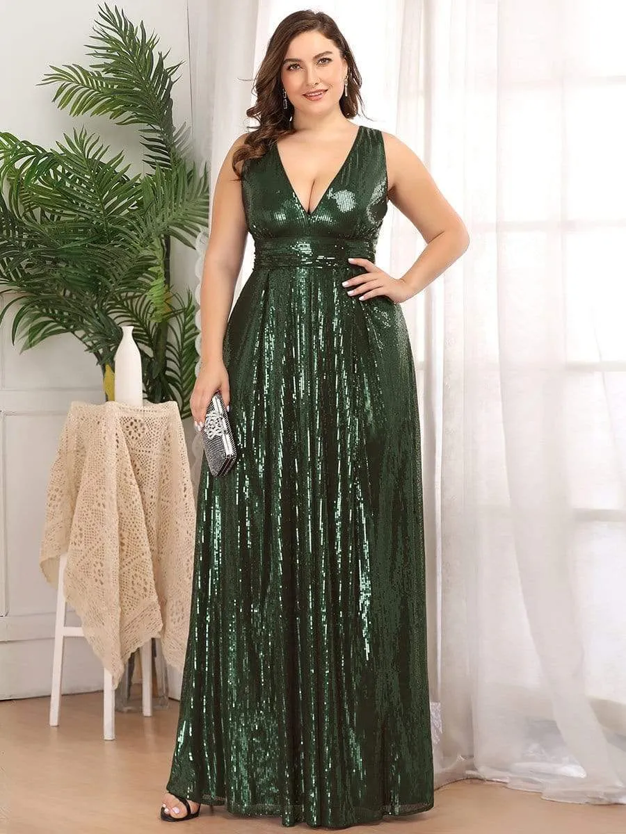 Gorgeous Double V Neck Maxi Long Sleeveless Sequin Prom Dress