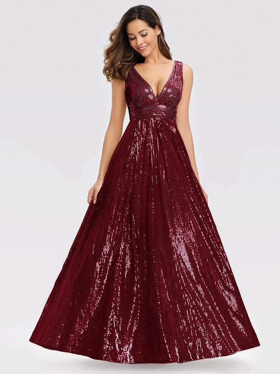 Gorgeous Double V Neck Maxi Long Sleeveless Sequin Prom Dress