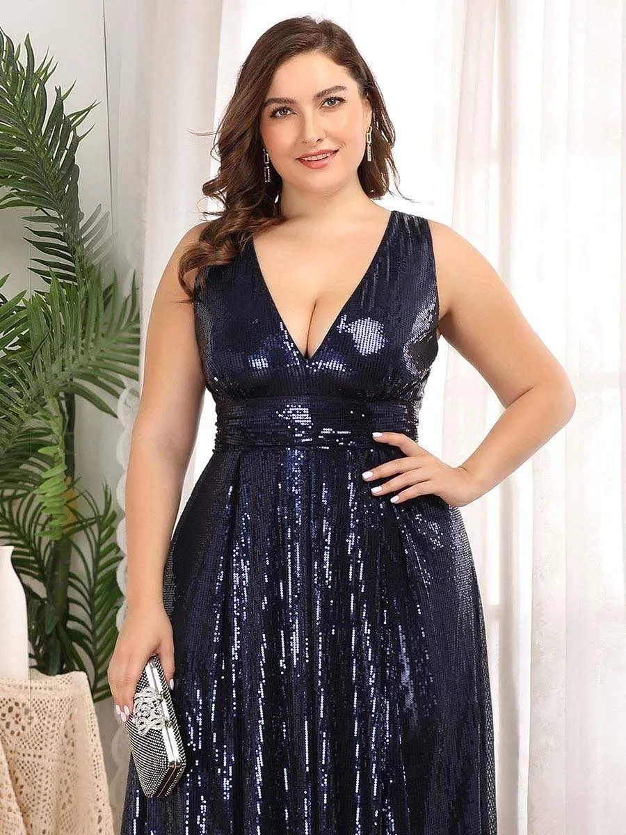 Gorgeous Double V Neck Maxi Long Sleeveless Sequin Prom Dress