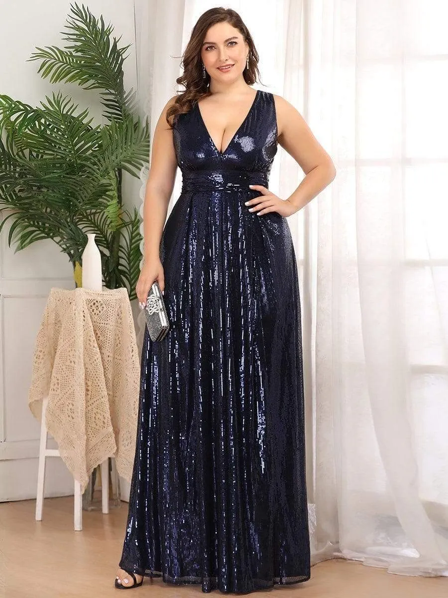 Gorgeous Double V Neck Maxi Long Sleeveless Sequin Prom Dress