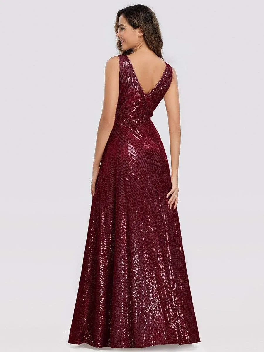 Gorgeous Double V Neck Maxi Long Sleeveless Sequin Prom Dress