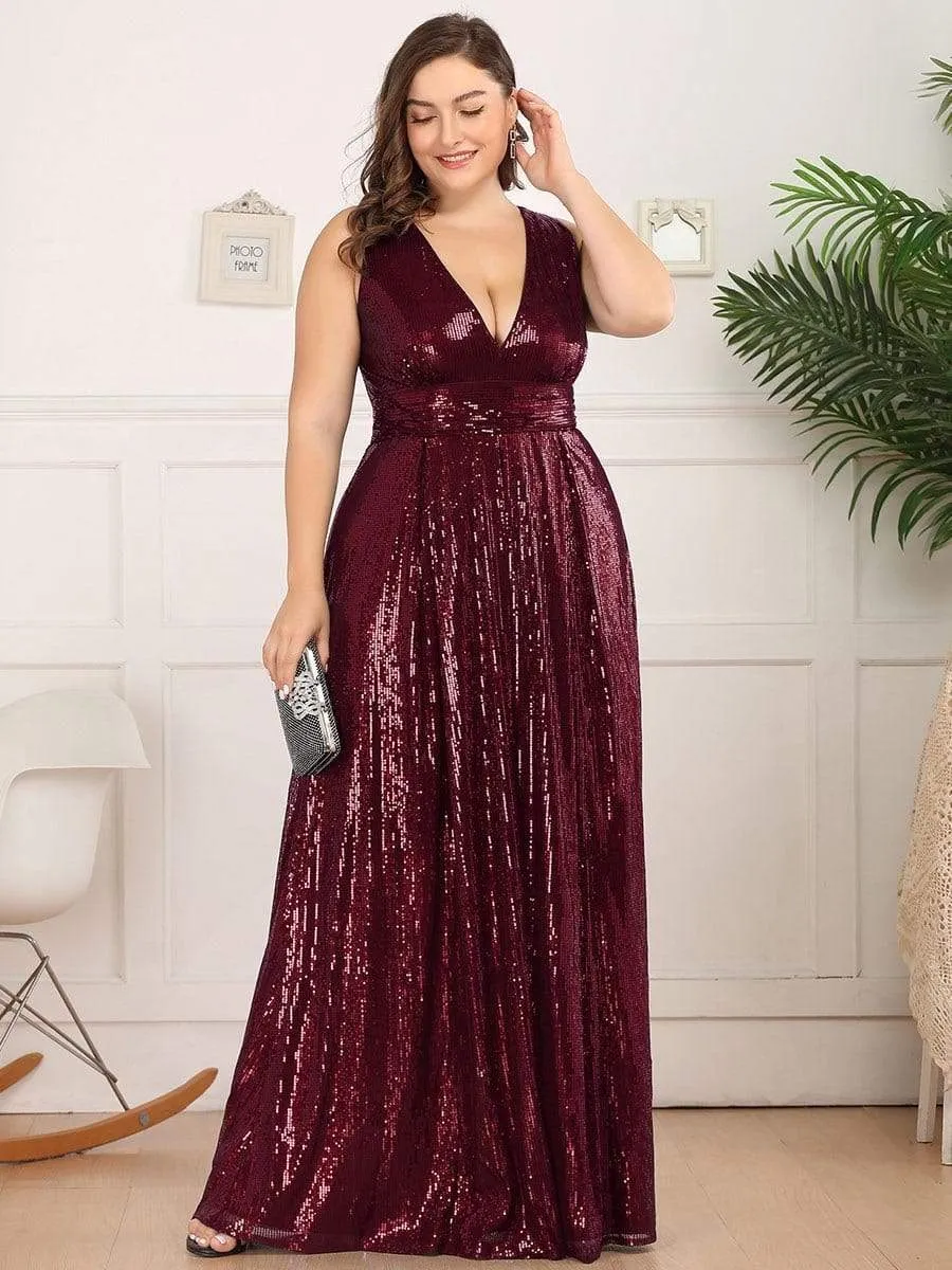Gorgeous Double V Neck Maxi Long Sleeveless Sequin Prom Dress