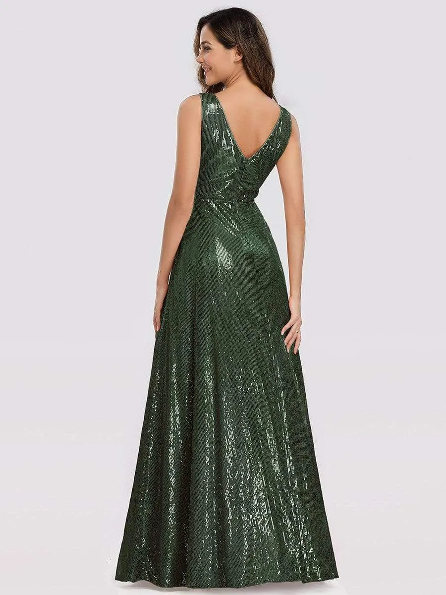 Gorgeous Double V Neck Maxi Long Sleeveless Sequin Prom Dress