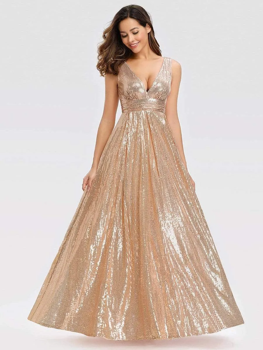 Gorgeous Double V Neck Maxi Long Sleeveless Sequin Prom Dress