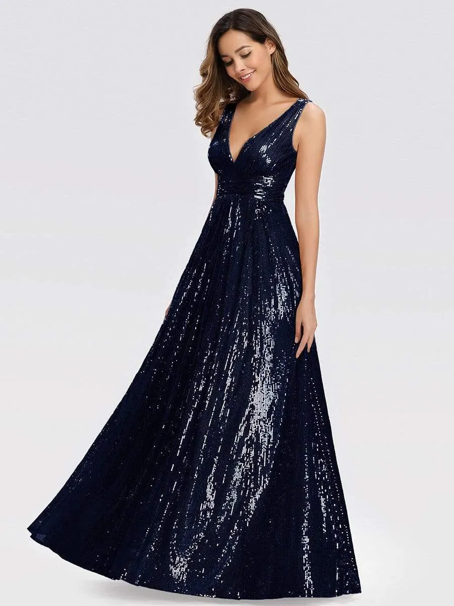 Gorgeous Double V Neck Maxi Long Sleeveless Sequin Prom Dress