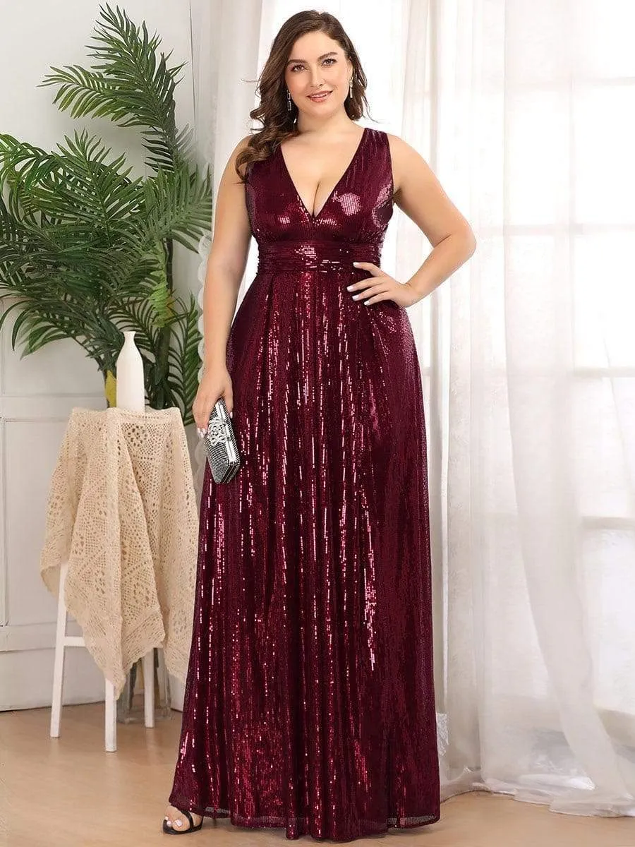 Gorgeous Double V Neck Maxi Long Sleeveless Sequin Prom Dress