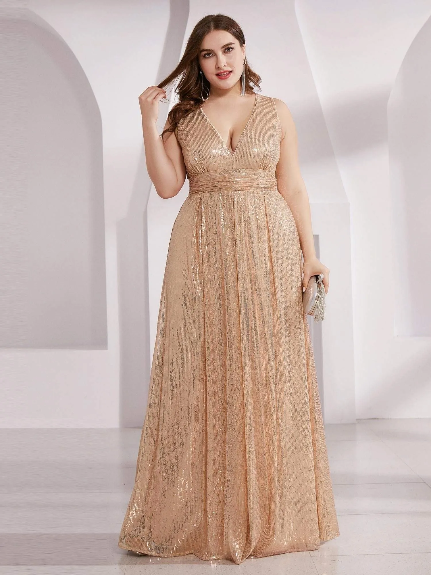 Gorgeous Double V Neck Maxi Long Sleeveless Sequin Prom Dress