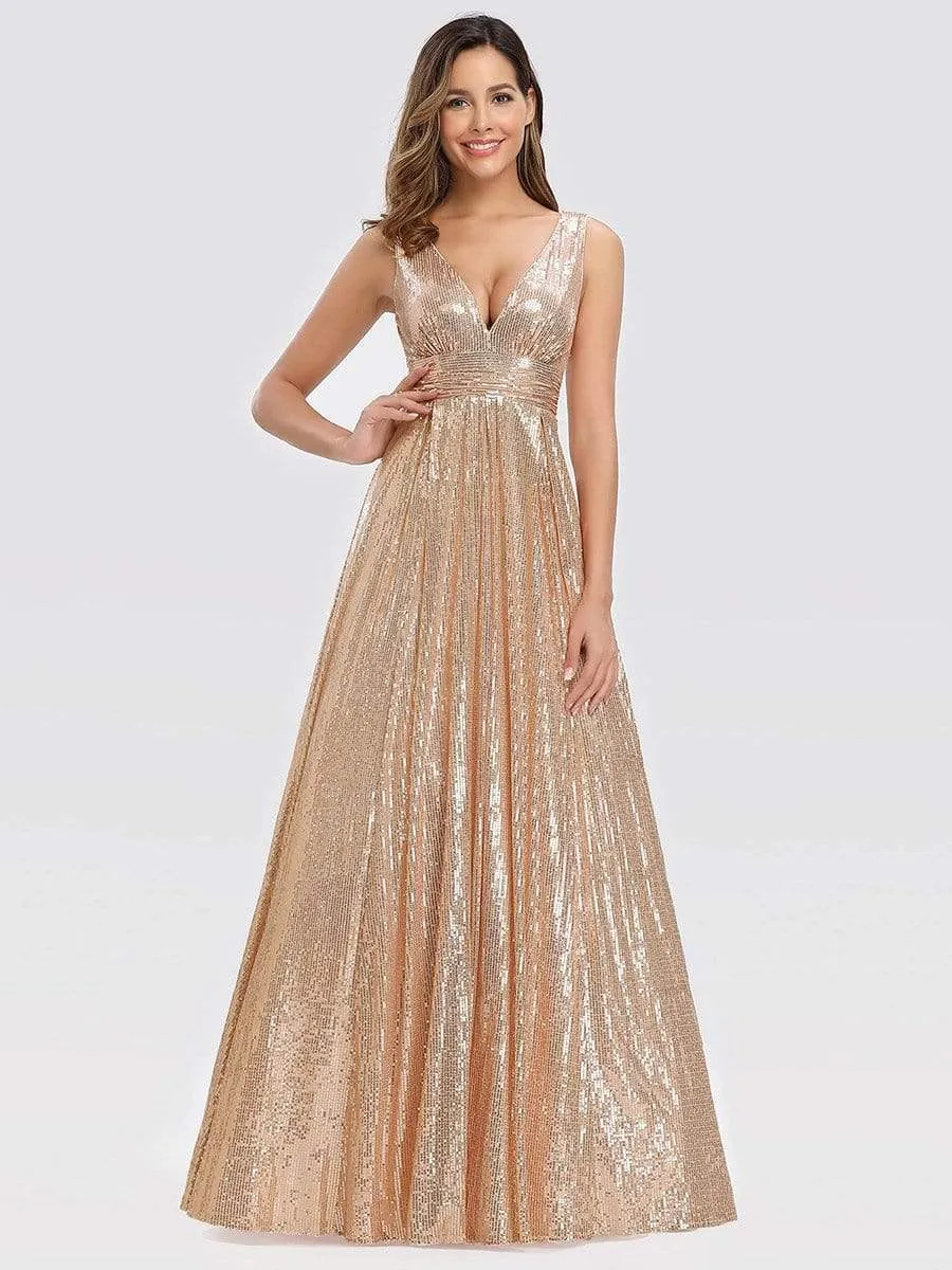 Gorgeous Double V Neck Maxi Long Sleeveless Sequin Prom Dress