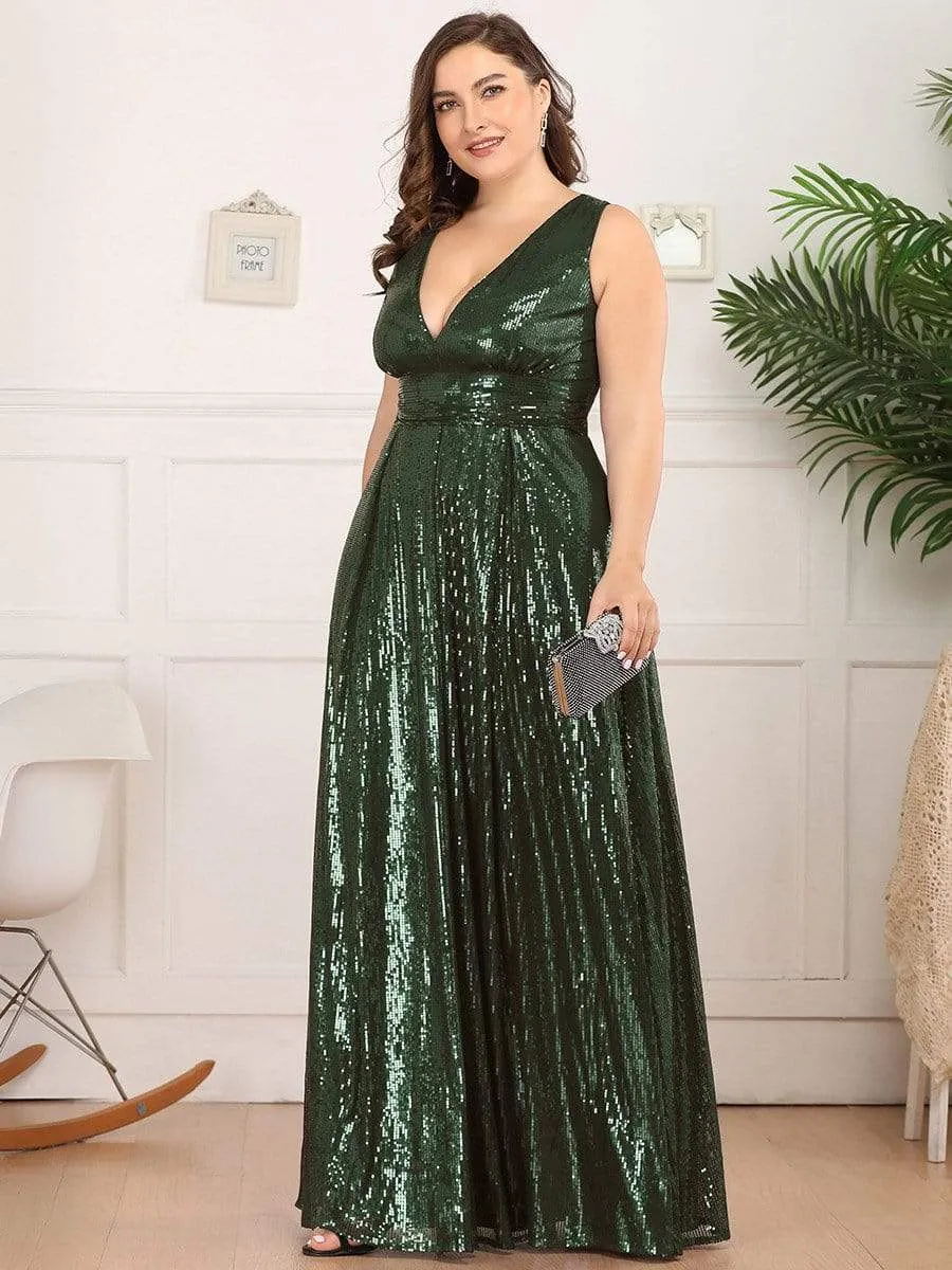 Gorgeous Double V Neck Maxi Long Sleeveless Sequin Prom Dress