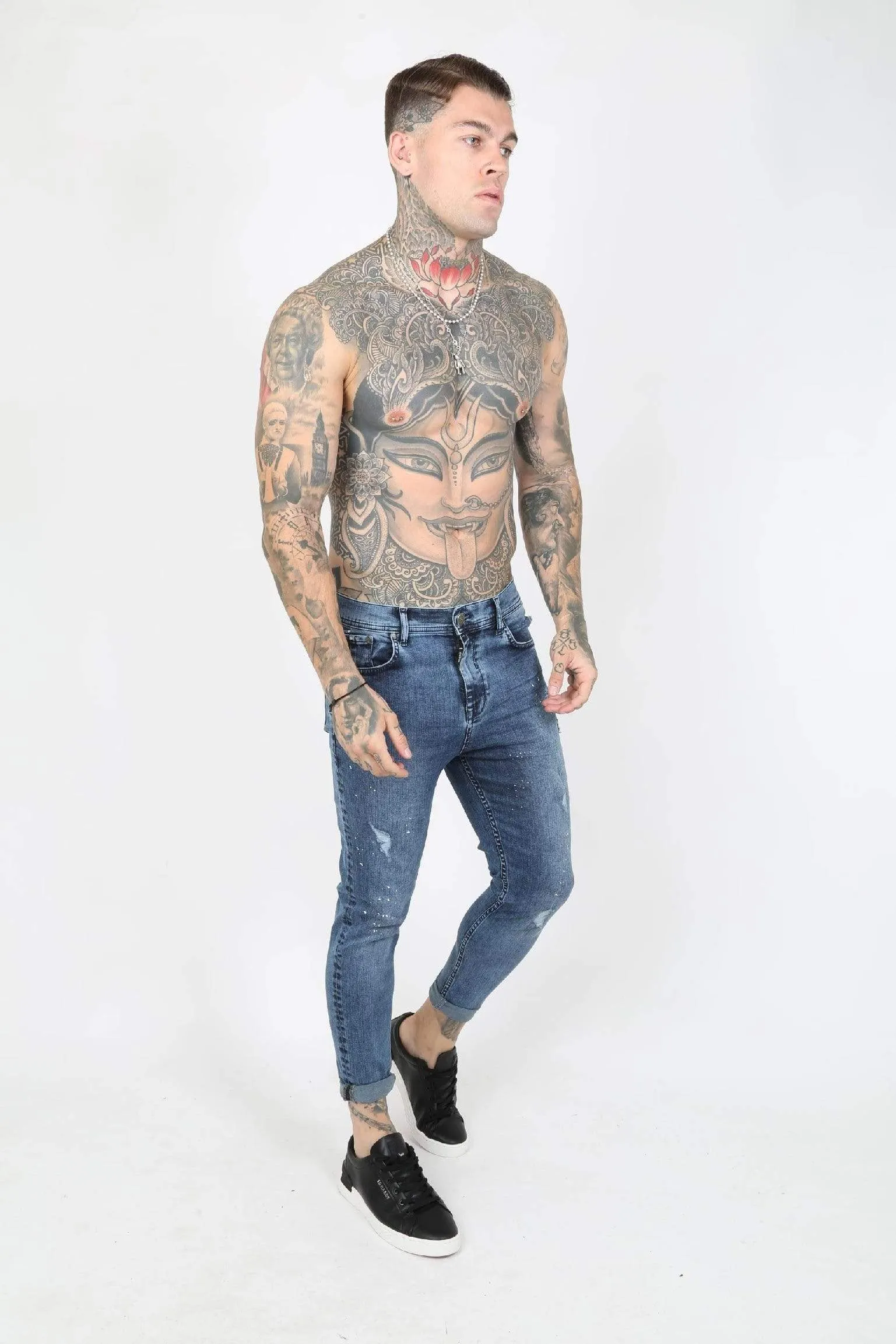 Harley Paint Splatter Ripped Men's Skinny Jeans - Blue Vintage Wash