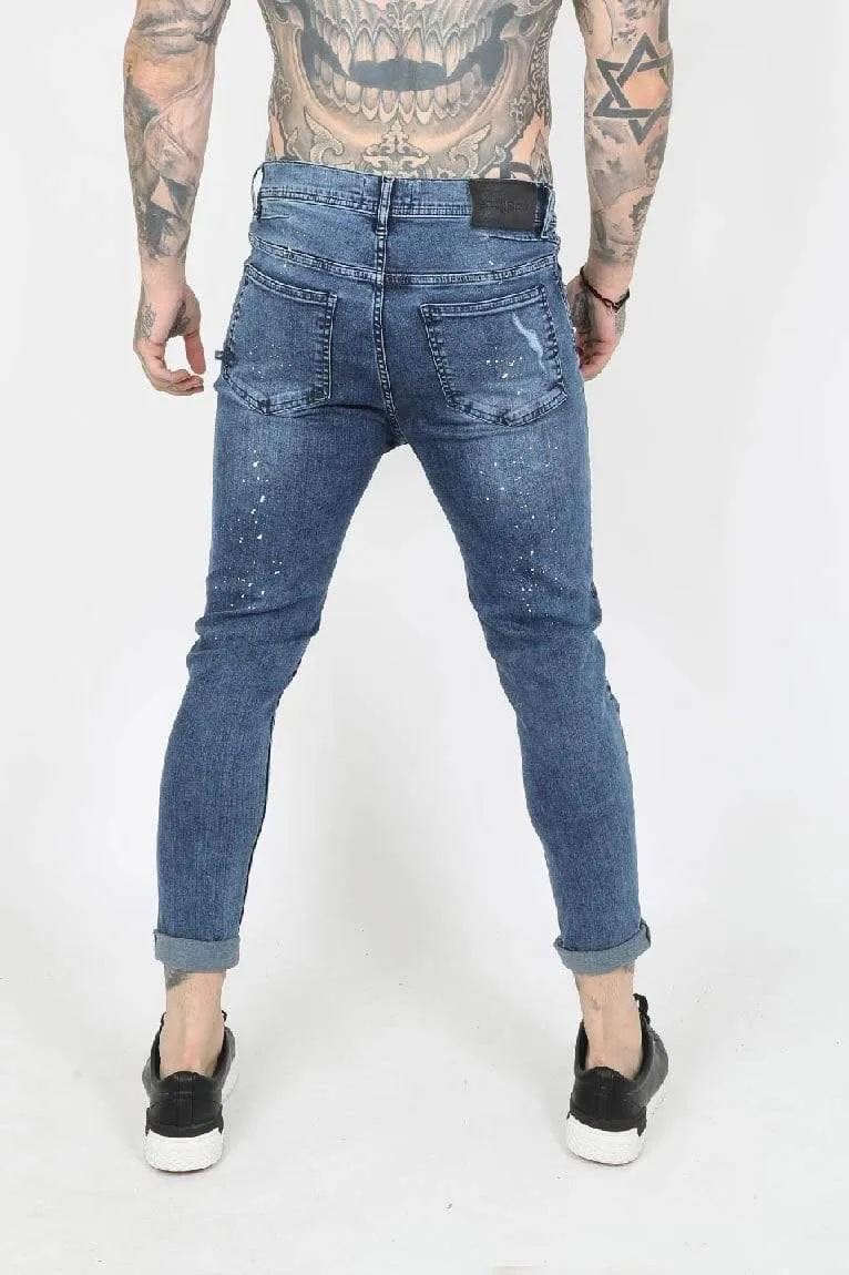 Harley Paint Splatter Ripped Men's Skinny Jeans - Blue Vintage Wash