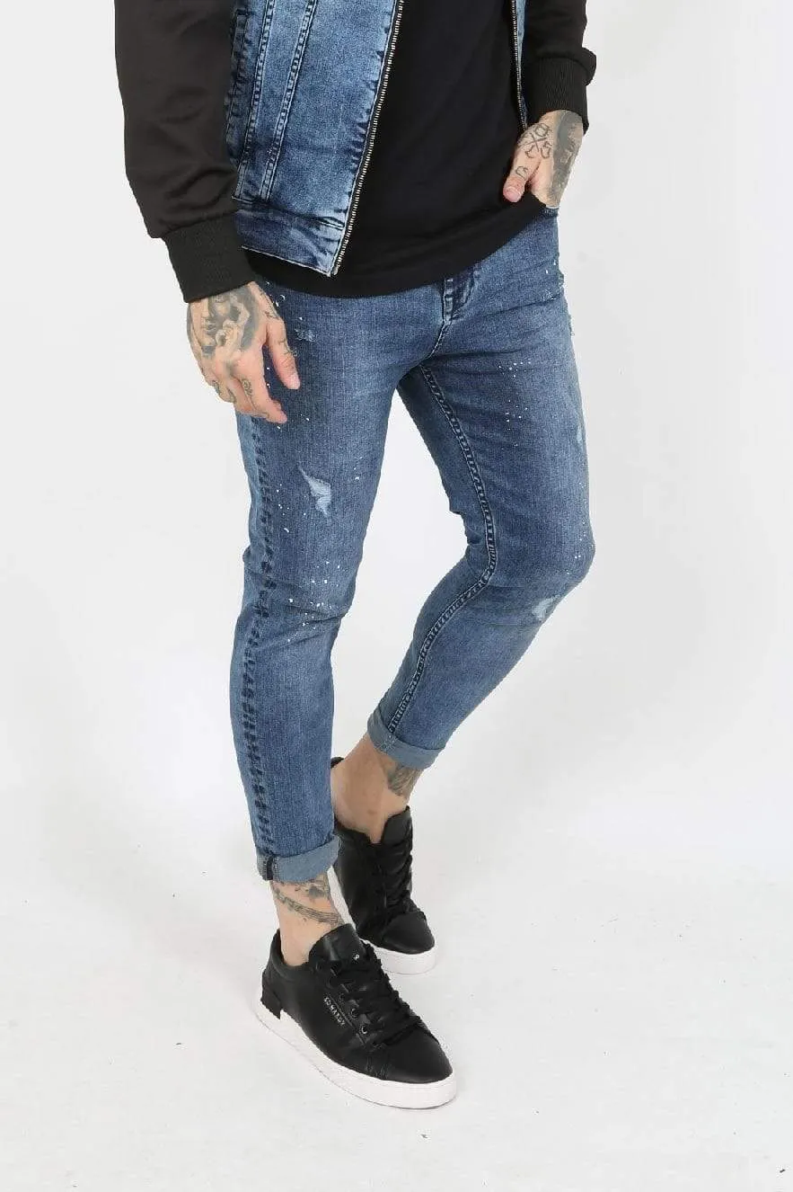 Harley Paint Splatter Ripped Men's Skinny Jeans - Blue Vintage Wash