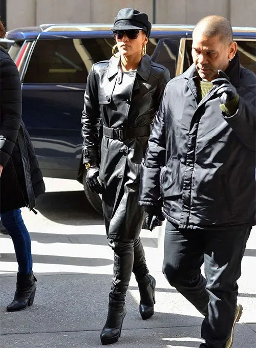 Jennifer Lopez black leather trench coat
