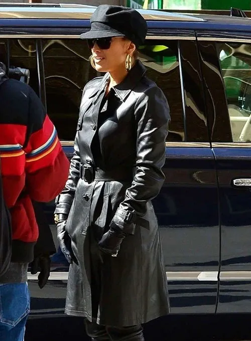 Jennifer Lopez black leather trench coat