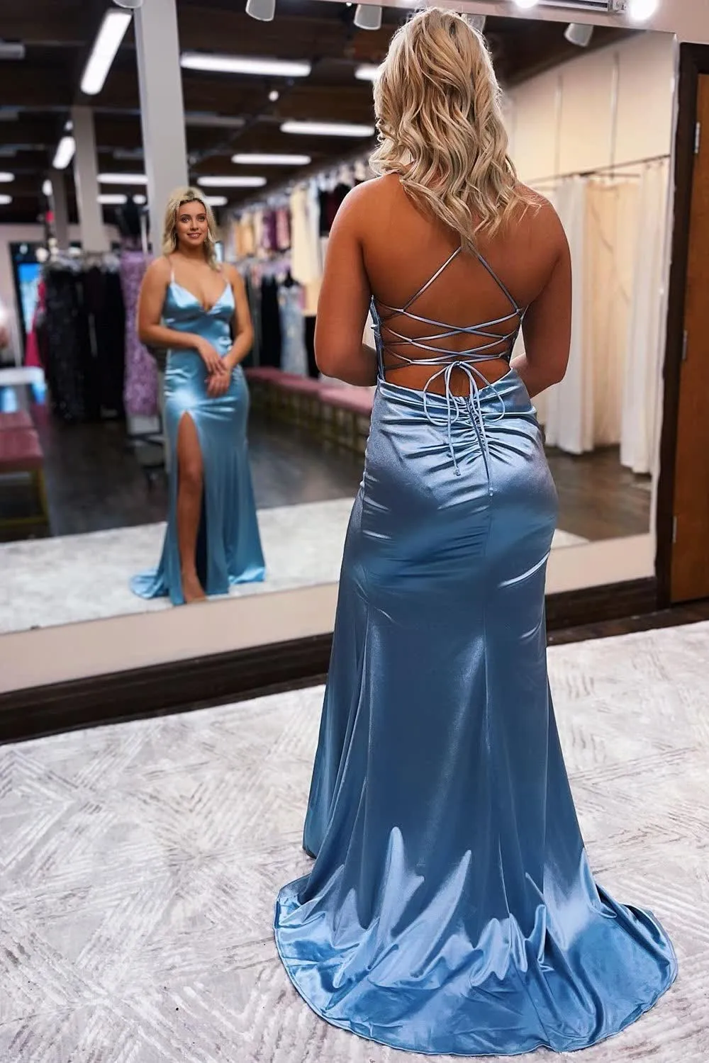 kamahe Sheath Spaghetti Straps Blue Long Prom Dress with Silt Evening Party Dresses Gowns