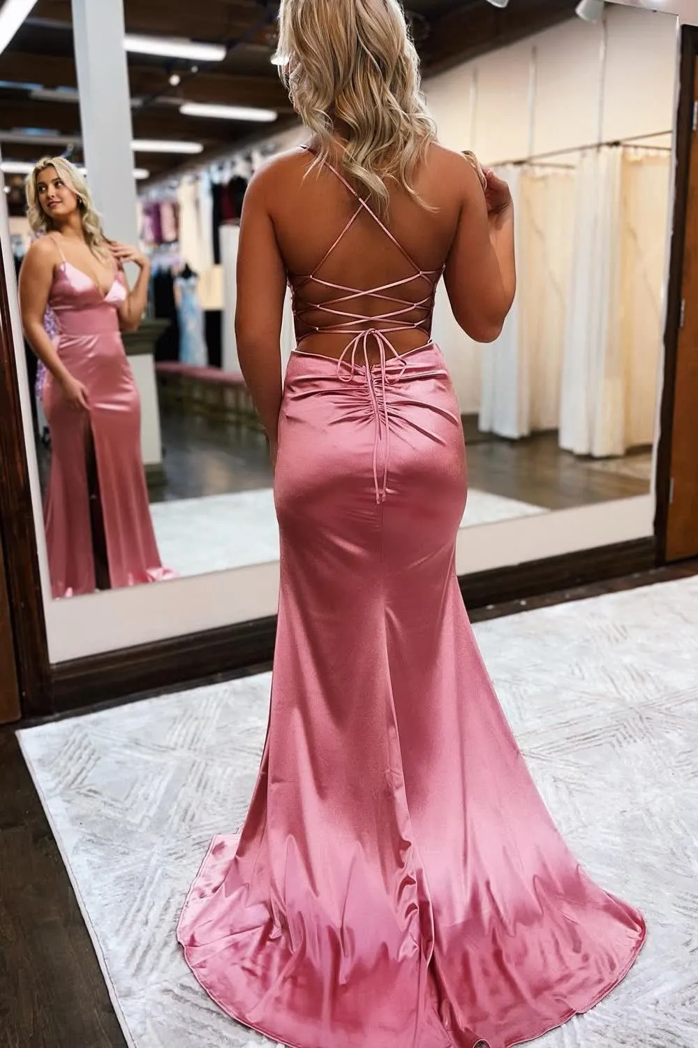 kamahe Sheath Spaghetti Straps Blue Long Prom Dress with Silt Evening Party Dresses Gowns