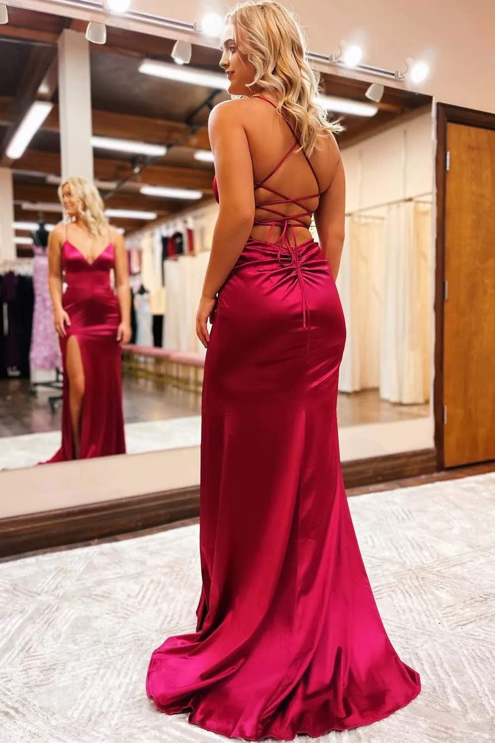 kamahe Sheath Spaghetti Straps Blue Long Prom Dress with Silt Evening Party Dresses Gowns